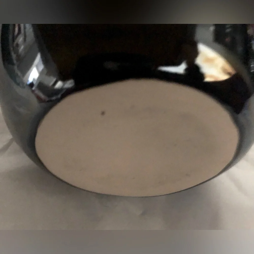 Pretty Petite Vase w/Beige Engraved Scroll Design, Mirrored Blackish Blue Color